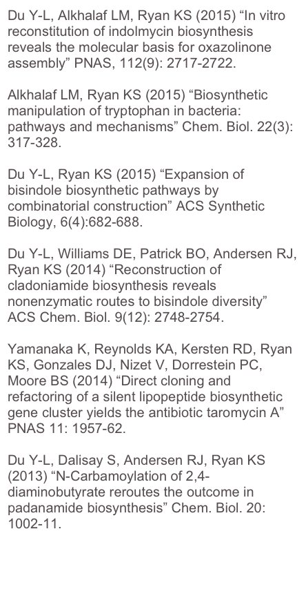 Du Y-L, Alkhalaf LM, Ryan KS (2015) “In vitro reconstitution of indolmycin biosynthesis reveals the molecular basis for oxazolinone assembly” PNAS, 112(9): 2717-2722.
Alkhalaf LM, Ryan KS (2015) “Biosynthetic manipulation of tryptophan in bacteria: pathways and mechanisms” Chem. Biol. 22(3): 317-328.Du Y-L, Ryan KS (2015) “Expansion of bisindole biosynthetic pathways by combinatorial construction” ACS Synthetic Biology, 6(4):682-688.

Du Y-L, Williams DE, Patrick BO, Andersen RJ, Ryan KS (2014) “Reconstruction of cladoniamide biosynthesis reveals nonenzymatic routes to bisindole diversity” ACS Chem. Biol. 9(12): 2748-2754.

Yamanaka K, Reynolds KA, Kersten RD, Ryan KS, Gonzales DJ, Nizet V, Dorrestein PC, Moore BS (2014) “Direct cloning and refactoring of a silent lipopeptide biosynthetic gene cluster yields the antibiotic taromycin A” PNAS 11: 1957-62.

Du Y-L, Dalisay S, Andersen RJ, Ryan KS (2013) “N-Carbamoylation of 2,4-diaminobutyrate reroutes the outcome in padanamide biosynthesis” Chem. Biol. 20: 1002-11.